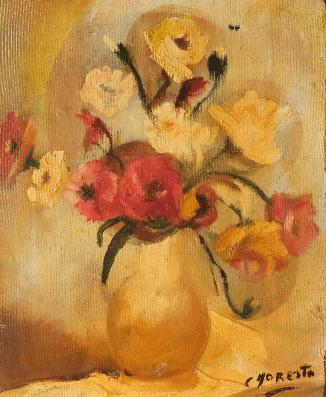 Antique Oil Old Original Painting Flowers Bouquet, Still Life, Roses, Floral