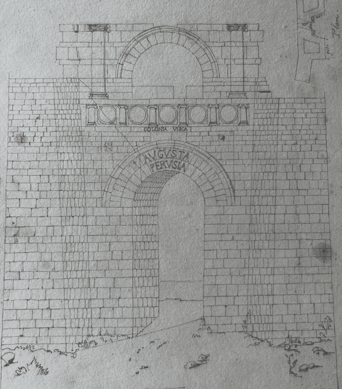 Drawing 19th century Original Antique Pencil North Door, Perouse, Architecture