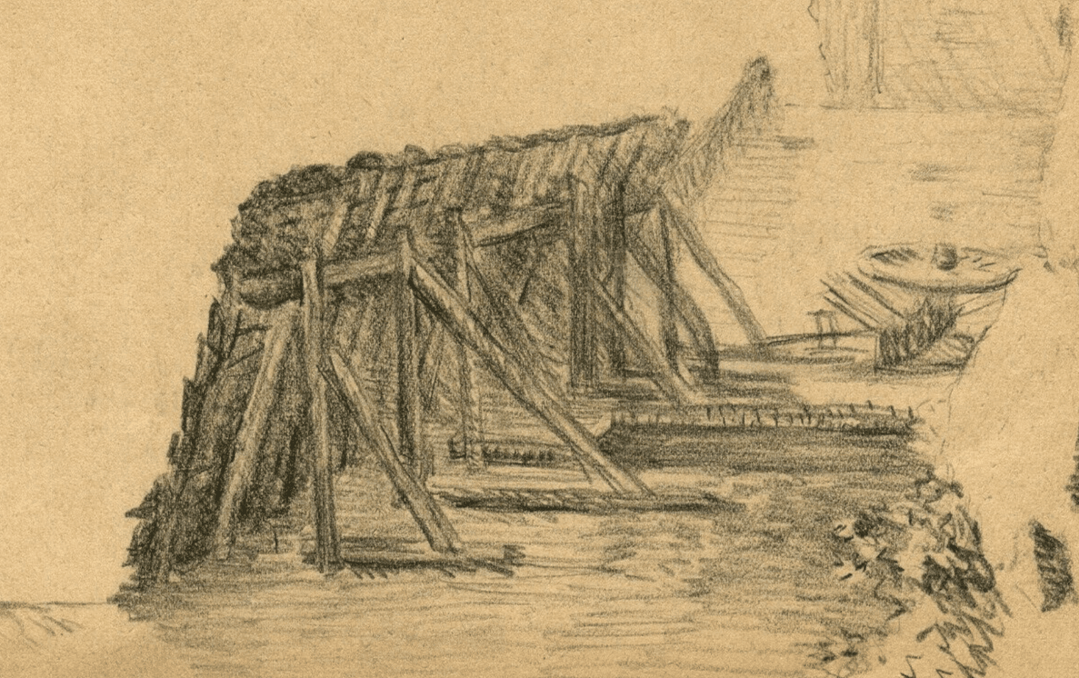 Vintage Pencil Original Drawing signed Fortress Dam Landscape Artwork
