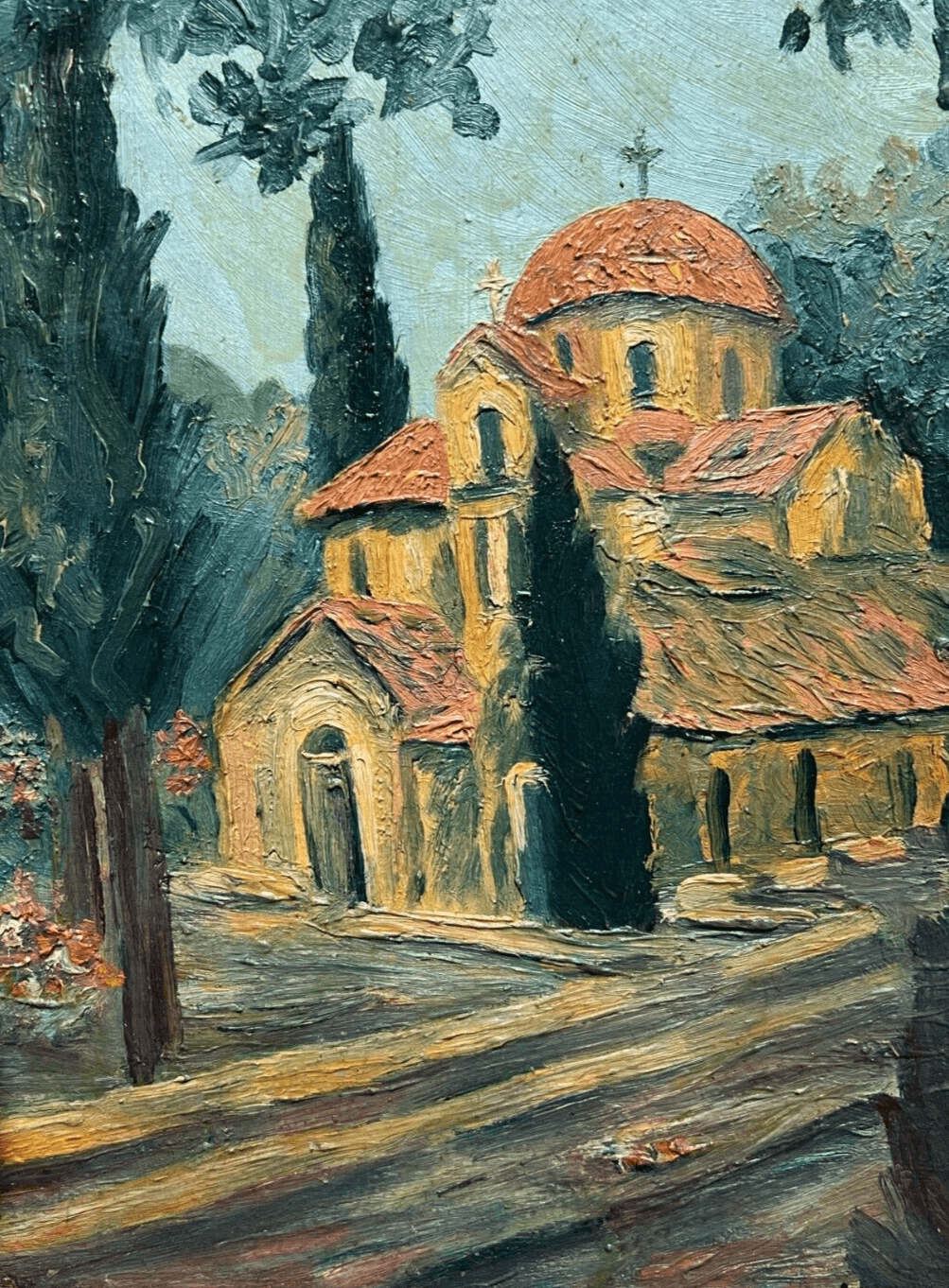 Antique Painting Original Landscape, Church, Byzantine Orthodox Architecture