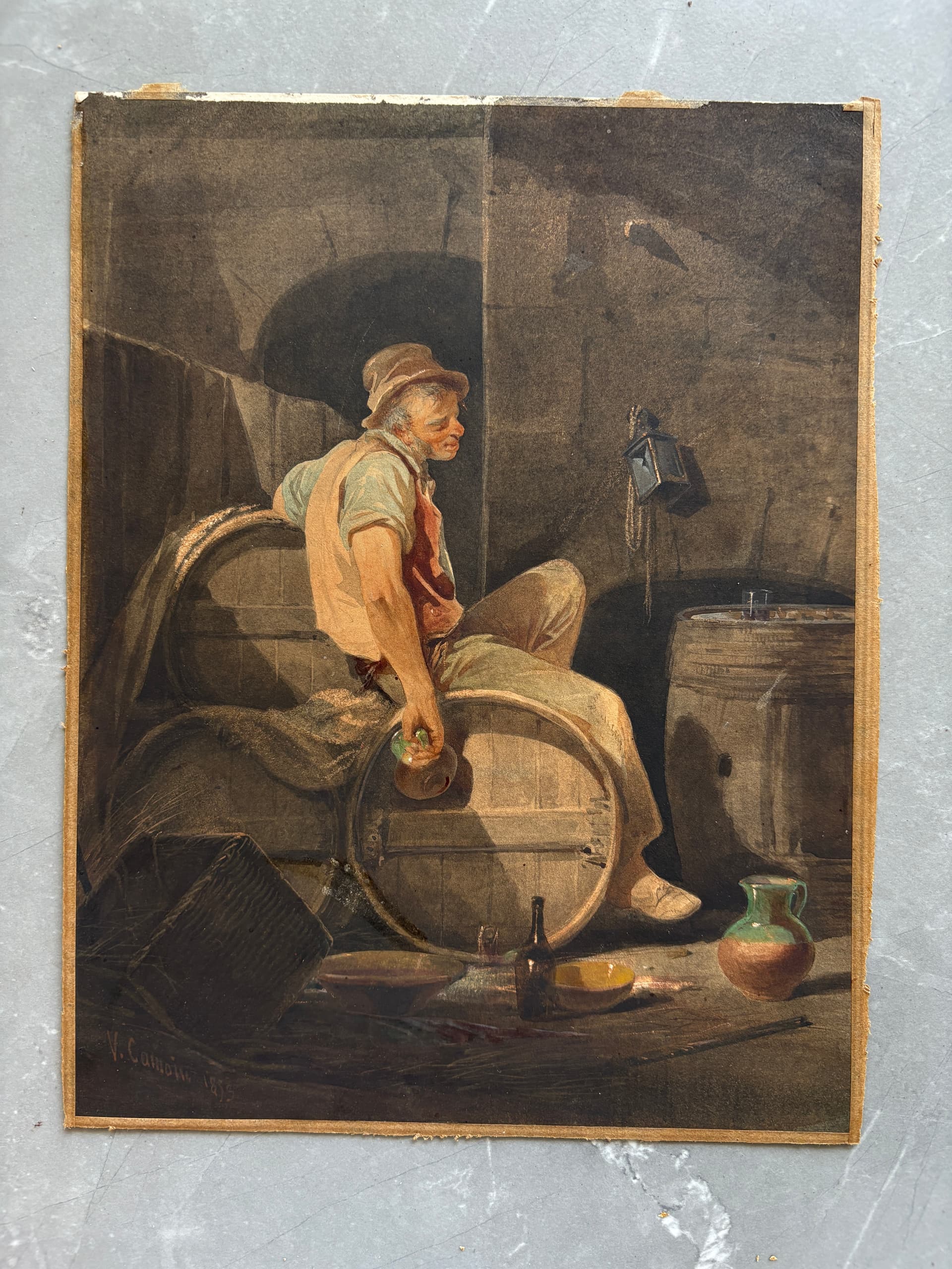 Antique Original Drawing signed Victor CAMOIN (1824-1856) Man Drinking