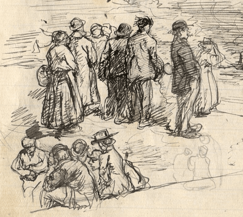 Vintage Ink Original Drawing Family Figures, Women, Sailors, People Sketch