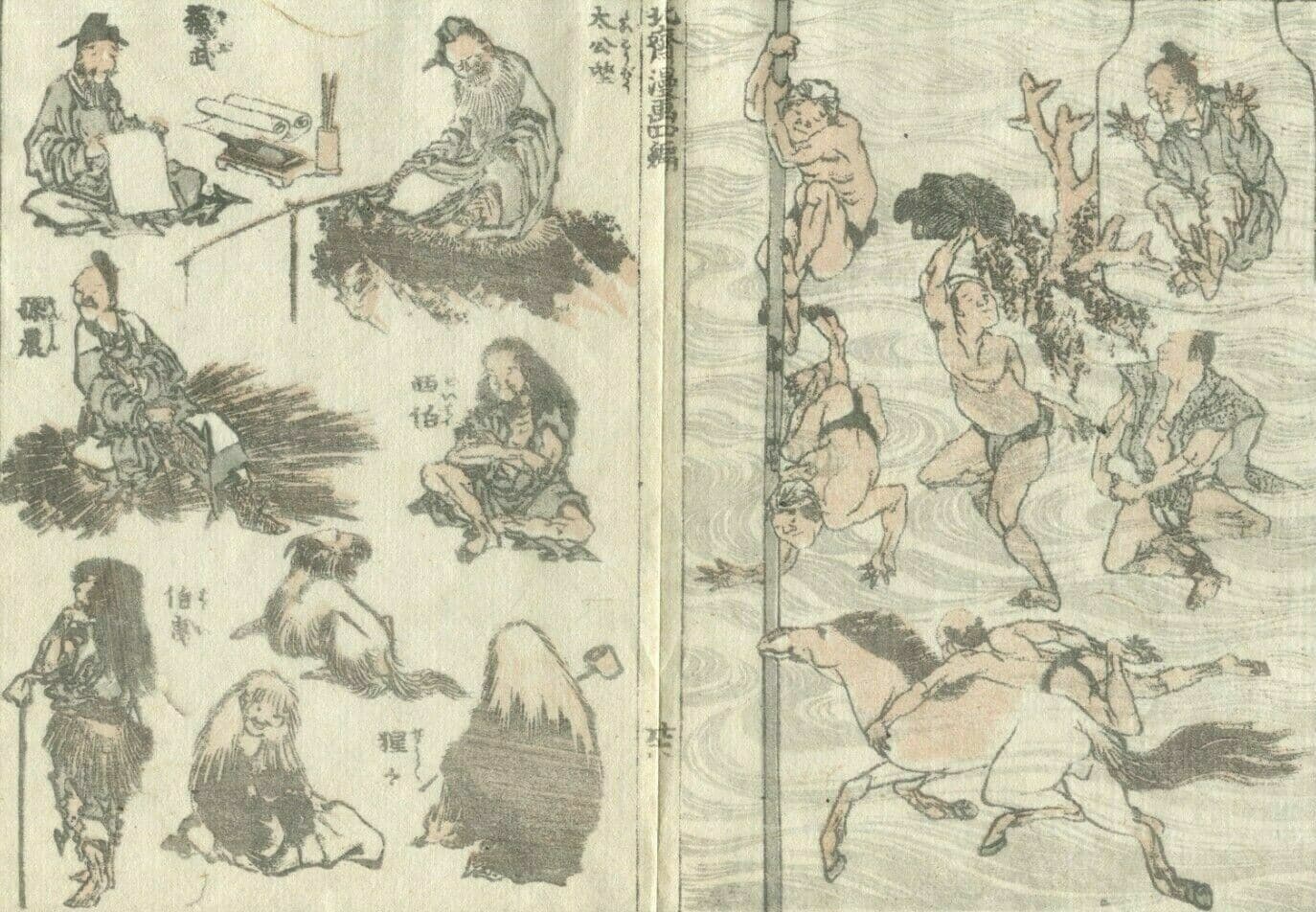 Antique Japanese WoodPrint People and Horses c. 1890 Asian Art Print Ukiyo-e