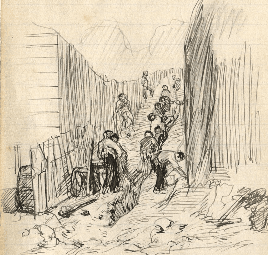 Vintage Ink Original Drawing Impressionism Men Workers People