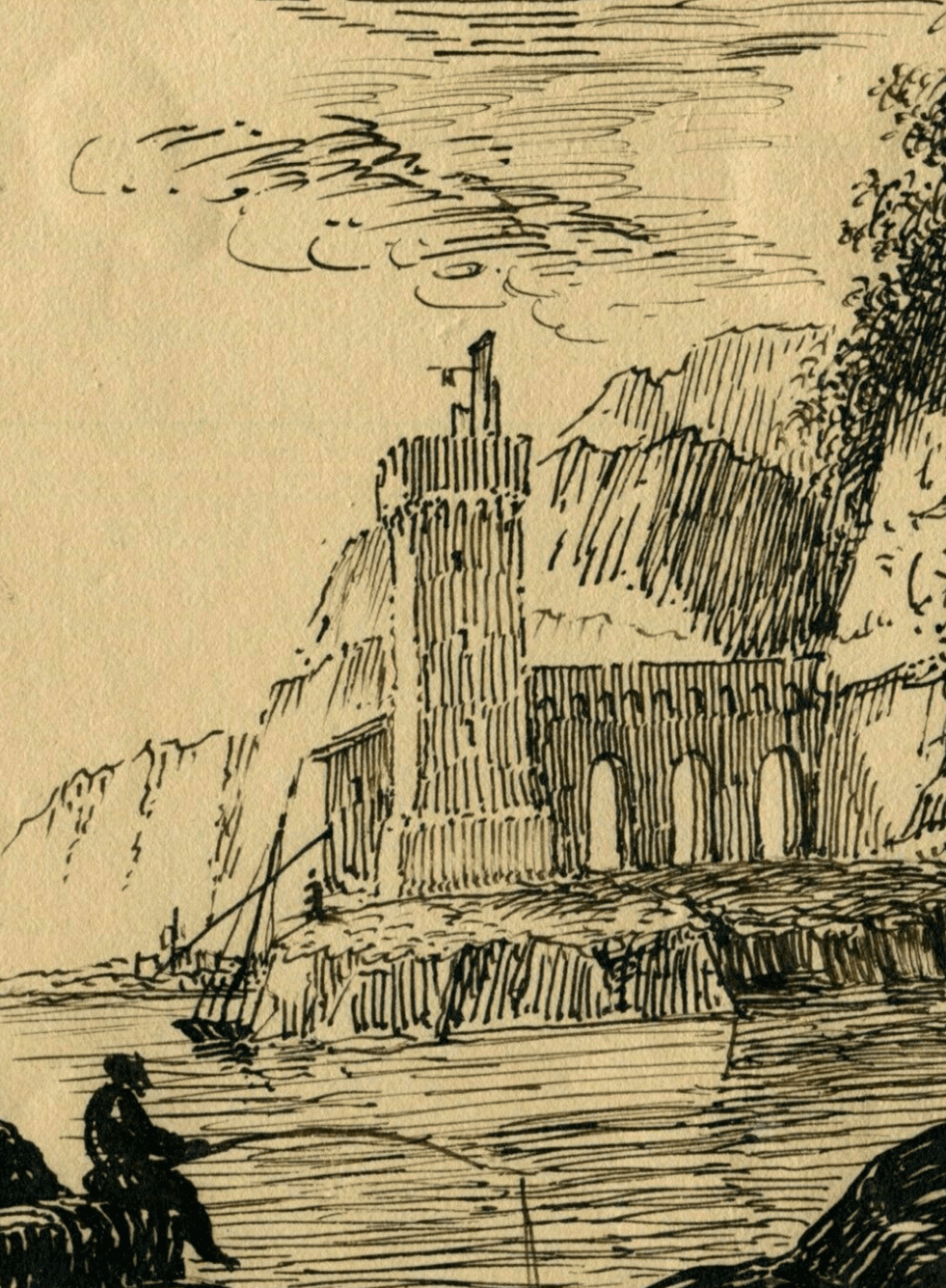 Antique Ink Drawing 19th century of Castle Landscape with Fisherman