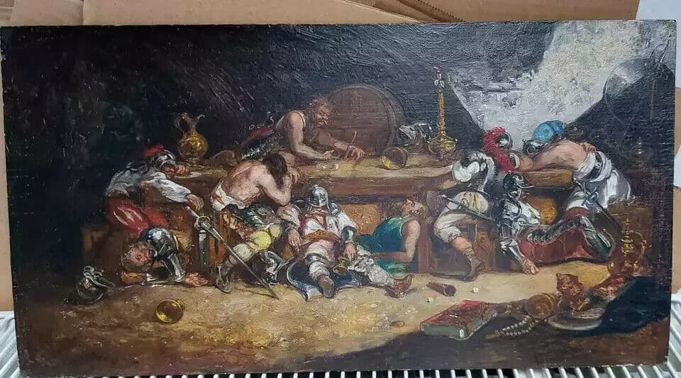 Antique Original Painting Old 19th Century Buffet Scene with Figures Drinking image 7