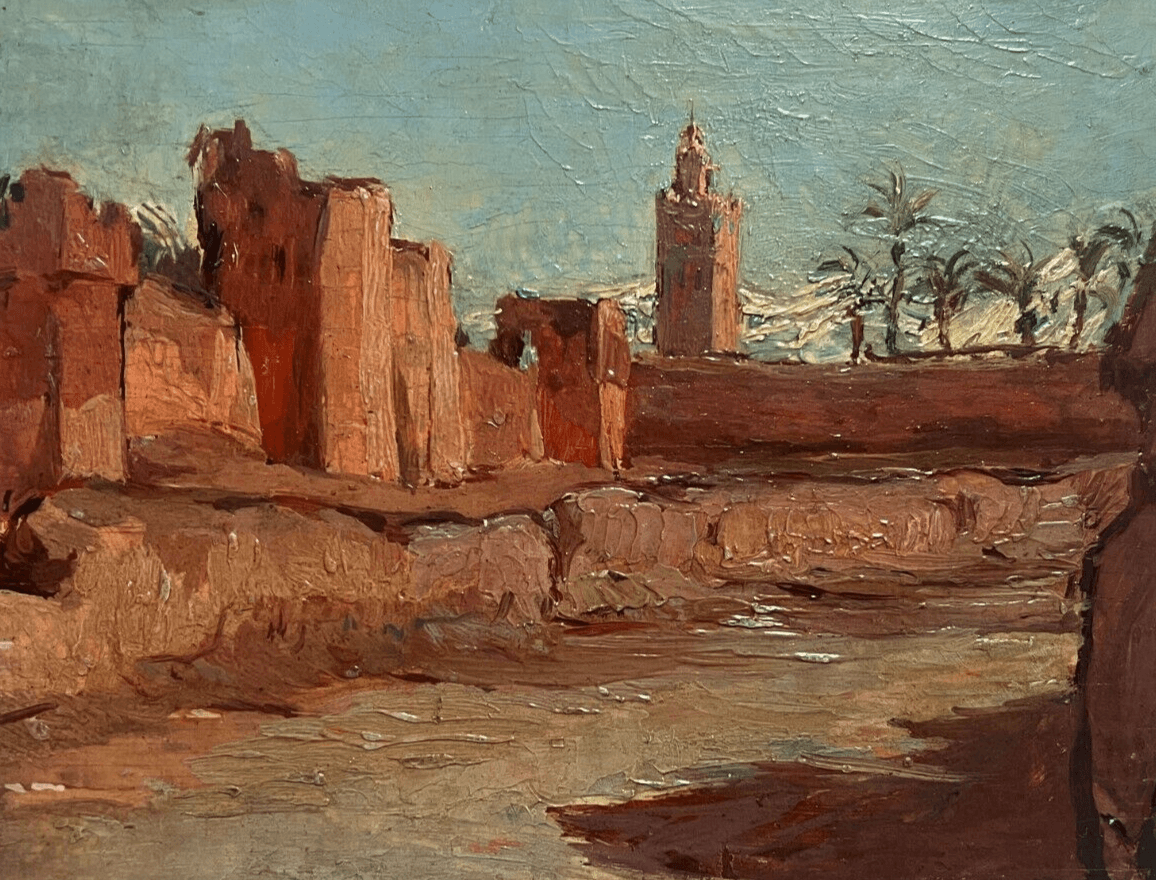 Antique Painting Original Landscape, Koutoubia Mosque in Marrakesh, Morocco