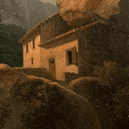 Antique Painting Original Landscape, House, Mountain, Religious, Meteora, Greece image 2