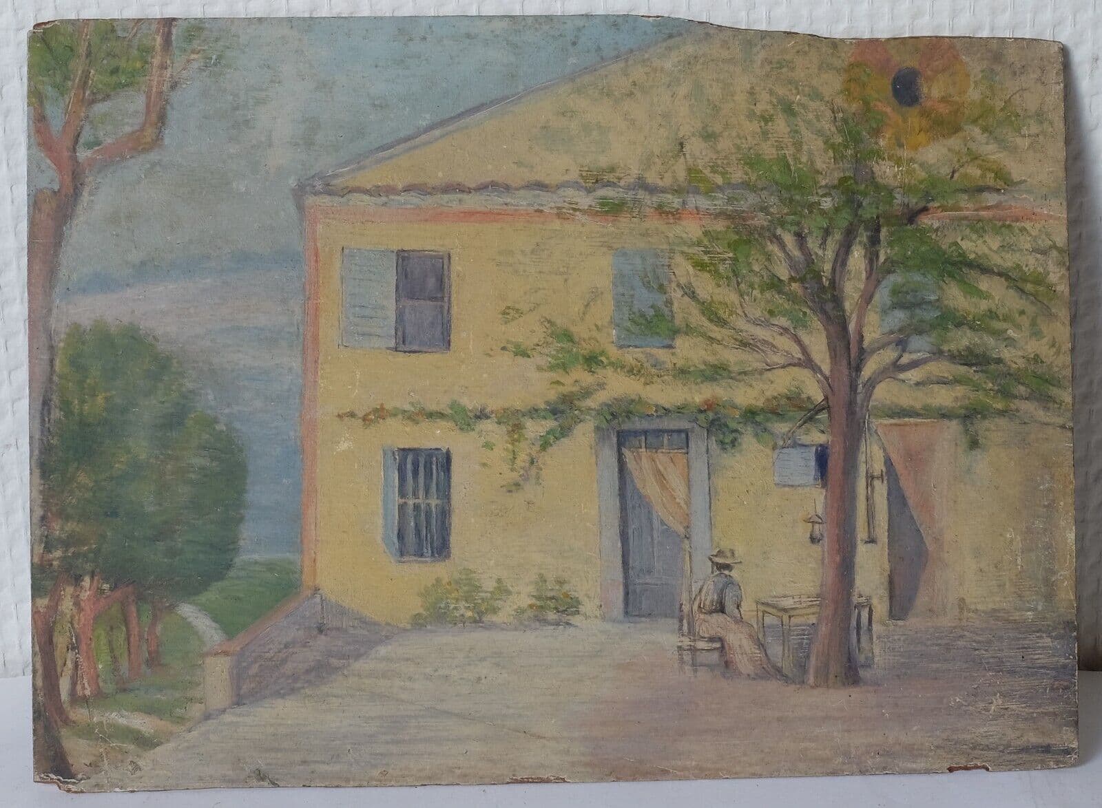 Antique Oil Original Painting House and Woman in Landscape, South of France image 2