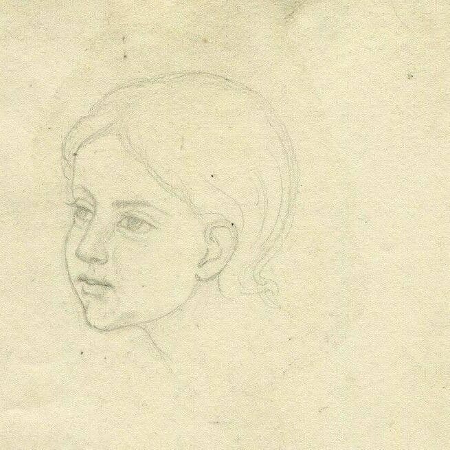 Antique Pencil Original Drawing 19th century Young Girl Portrait