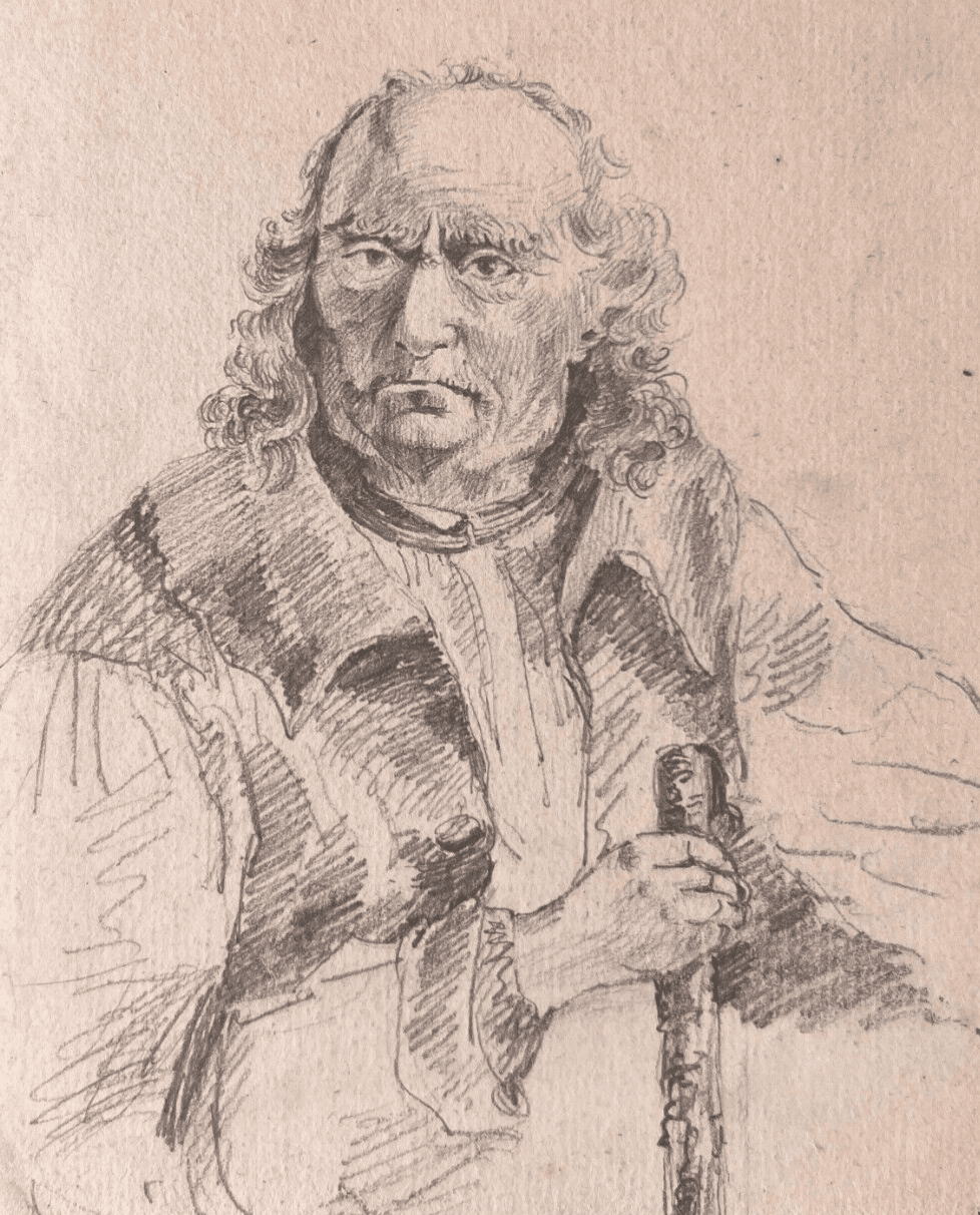 Antique Original Drawing Man Portrait with Cane 19th century