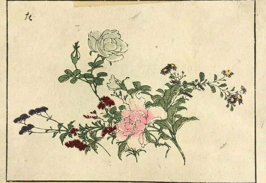 Japanese Antique Original Print - Pink Flowers c. 1830 Asian Art Print Ukiyo-e