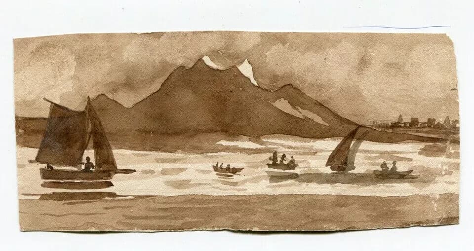 Antique Ink Drawing Original 19th century Mountain, Boats, Sea, Maritime image 4