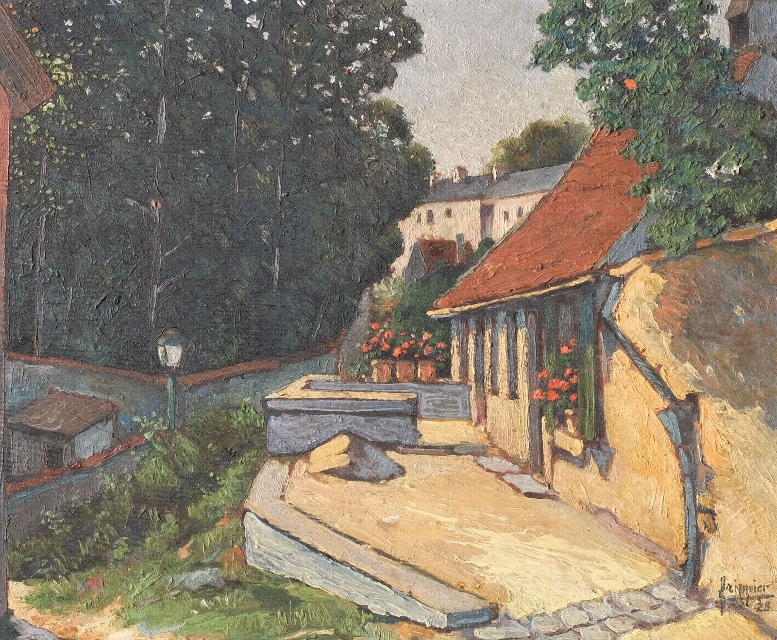 Antique Oil Painting Signed House Landscape, Cityview, Trees