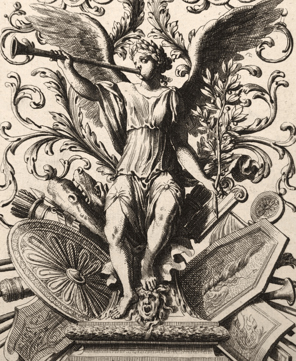 Antique Original Etching Jean Le Pautre (1618–1682) Angel, Trumpet, Ornament