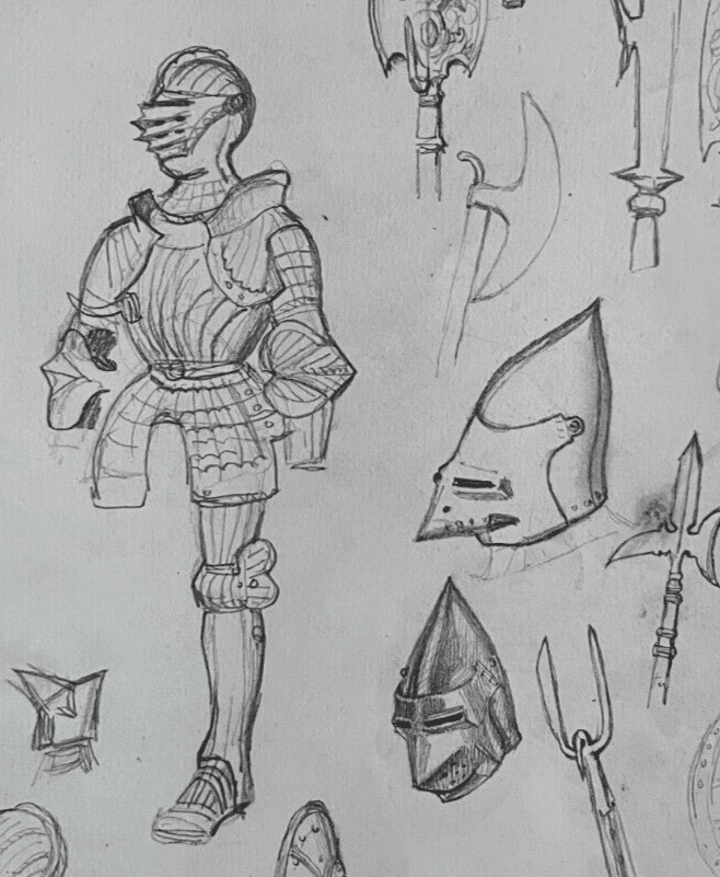 Antique Original Drawing 19th century Knight Portrait Armor Sketches