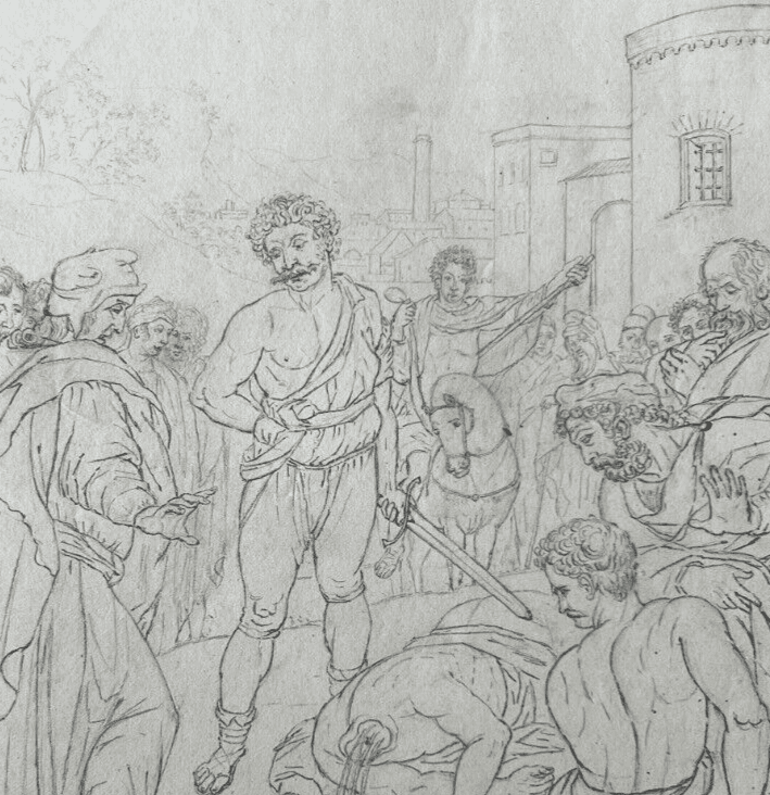 19th century Original Antique Pencil Drawing Historical Scene, Murder Artwork