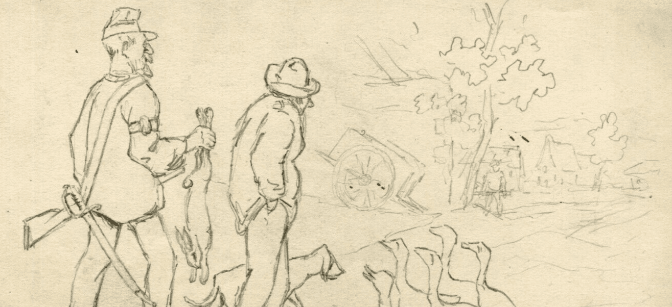Vintage Original Pencil Drawing Men Hutting, People, Ducks, Rabbit Artwork