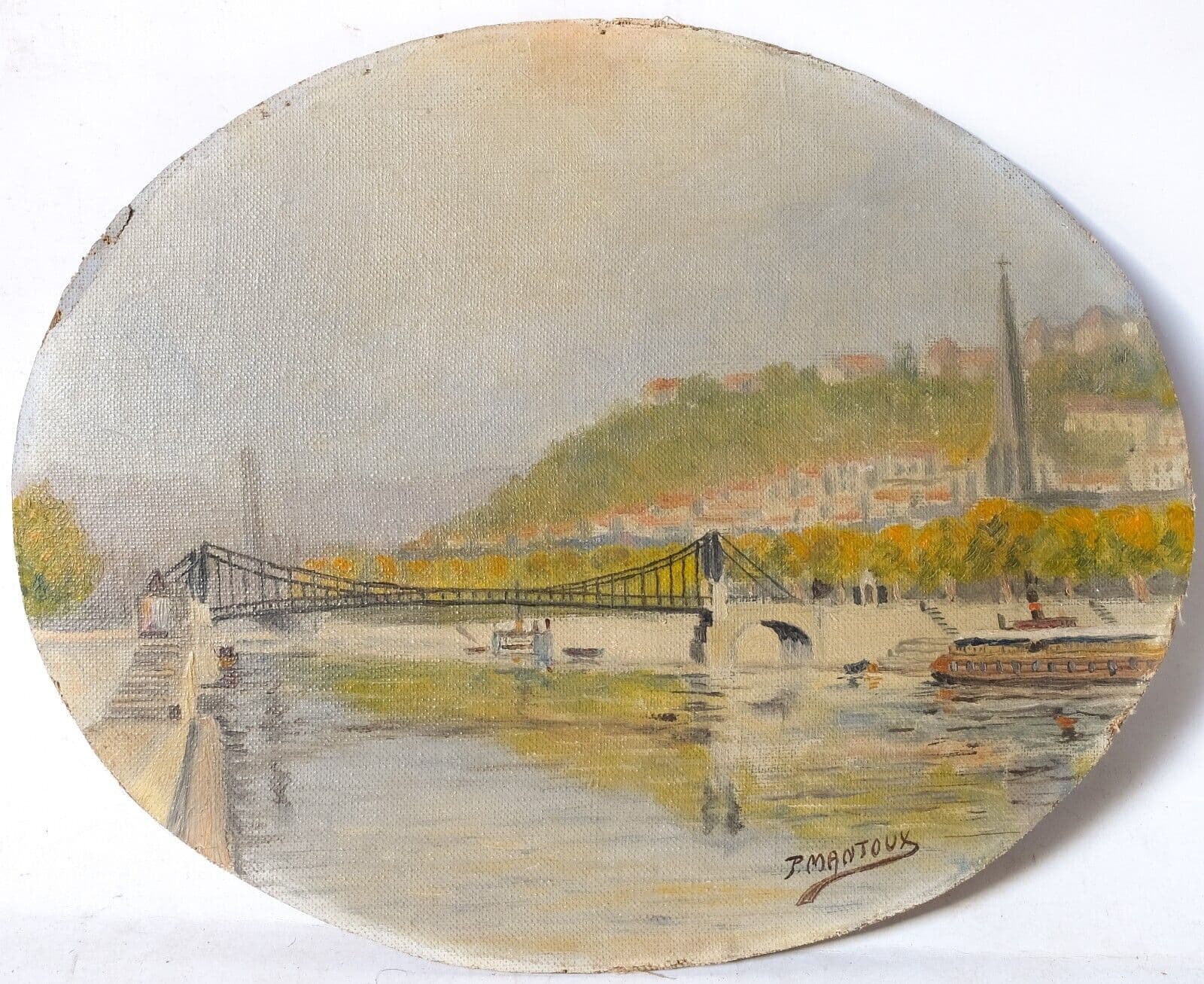 Vintage Oil Painting Maritime Landscape, Boat, City, Bridge, Quay signed Artwork