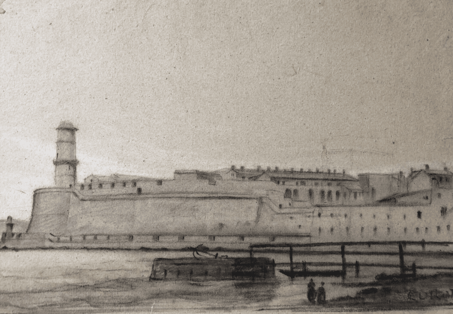 Antique Chacoral Drawing Original Maritime Port Landscape signed 19th century