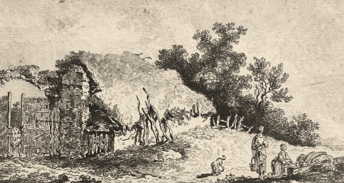 Antique Original Engraving Landscape, House, People, Frédéric Théodore Faber