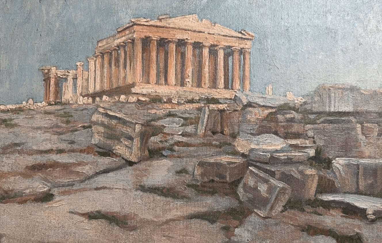 Antique Oil Painting Original 19th century Landscape, Pantheon, Greece, Ruins