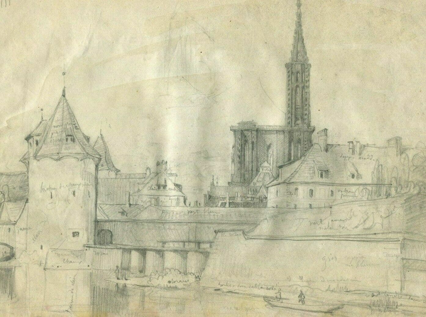 Antique Pencil Drawing 19th century Cityscape Landscape